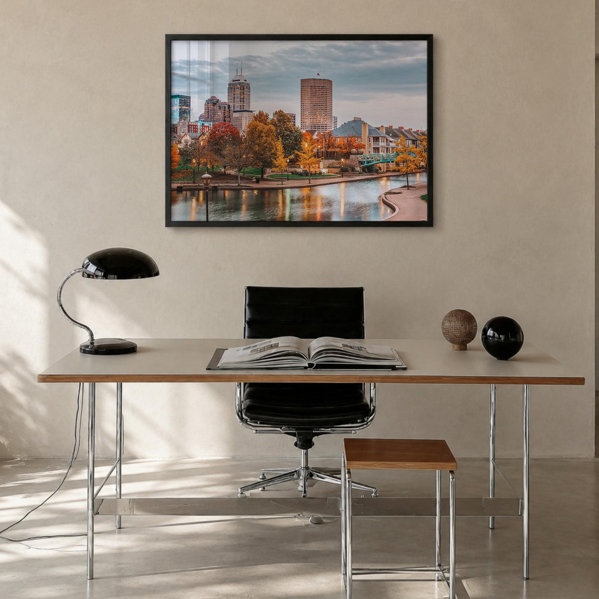 Indianapolis colorful photo poster of Indiana, USA – horizontal wall art in black wood frame, hanging on wall