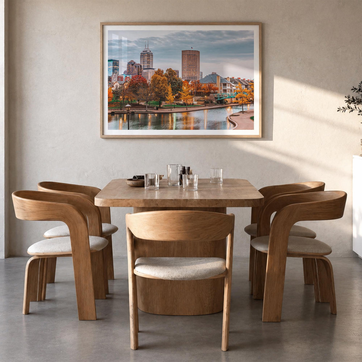Indianapolis colorful photo poster of Indiana, USA – horizontal wall art in natural wood frame with white border, hanging on 