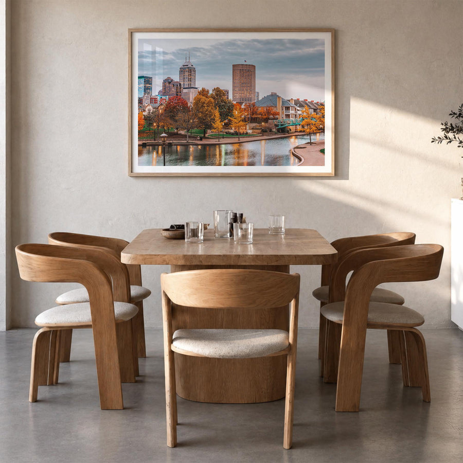 Indianapolis colorful photo poster of Indiana, USA – horizontal wall art in natural wood frame with white border, hanging on 