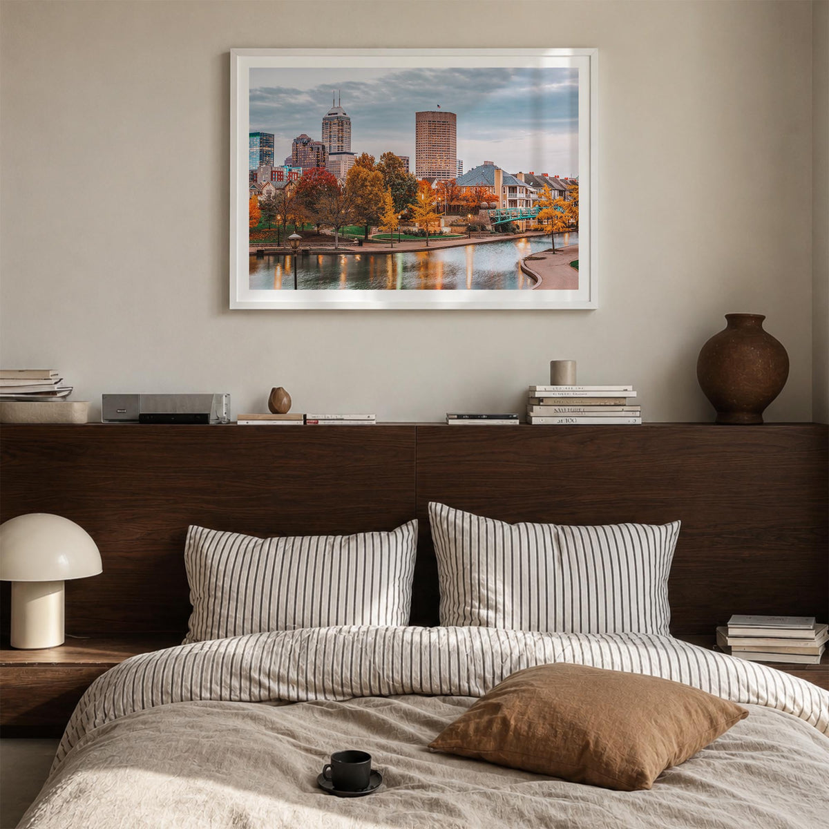 Indianapolis colorful photo poster of Indiana, USA – horizontal wall art in white wood frame with white border, hanging on wa