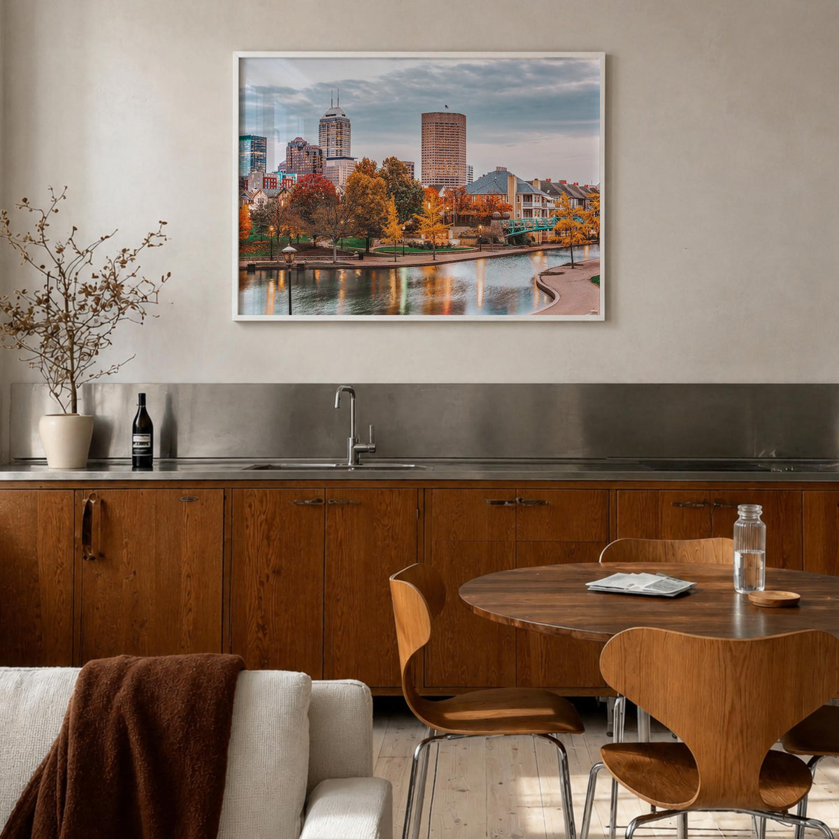 Indianapolis colorful photo poster of Indiana, USA – horizontal wall art in white wood frame, hanging on wall