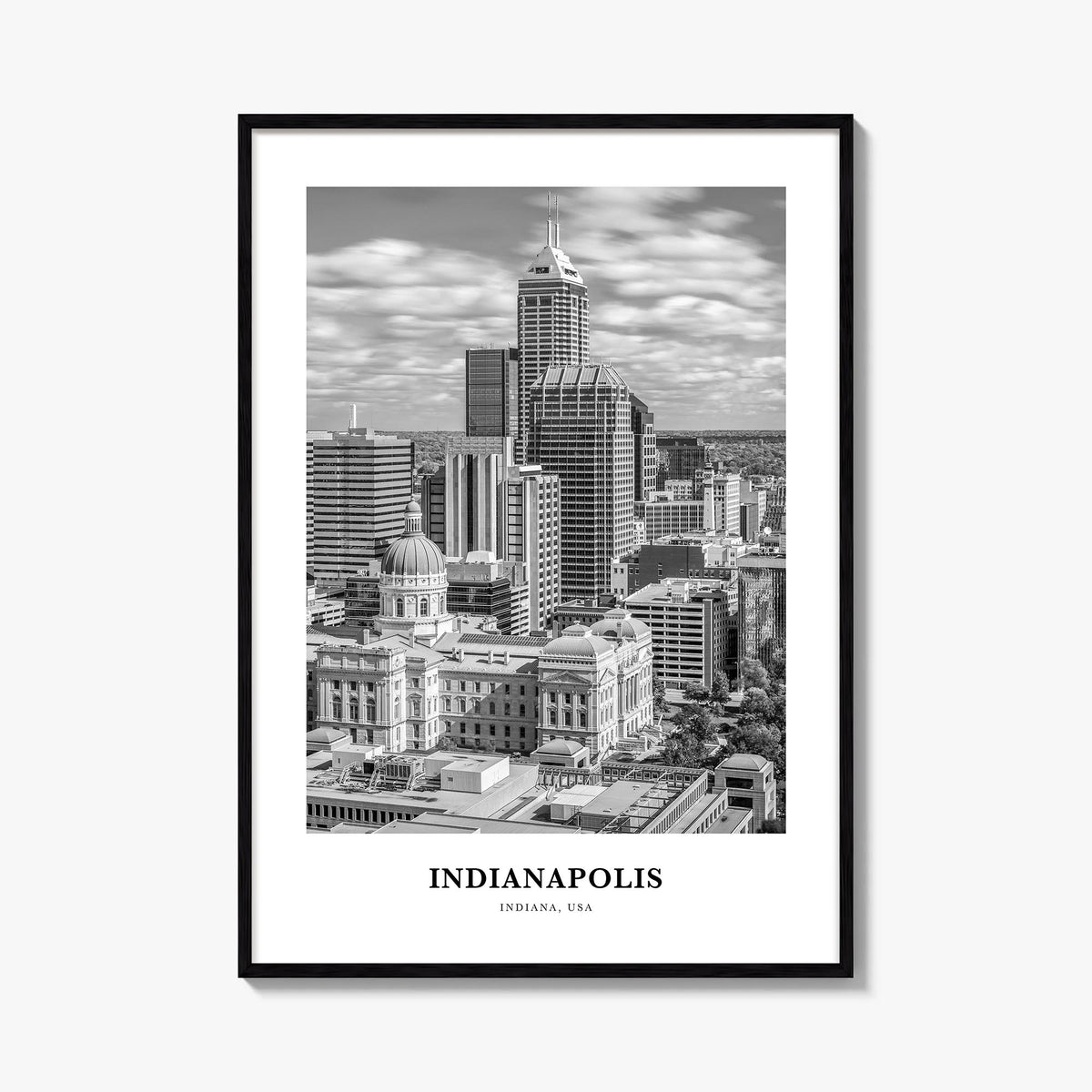 Indianapolis no. 1 black & white classic poster of Indiana, USA – vertical wall art, unframed print shown in interior mockup