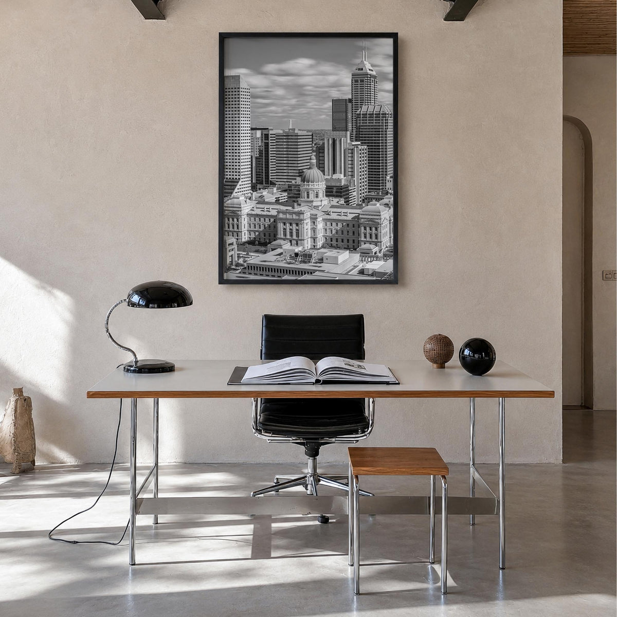 Indianapolis no. 1 black & white photo poster of Indiana, USA – vertical wall art in black wood frame, hanging on wall