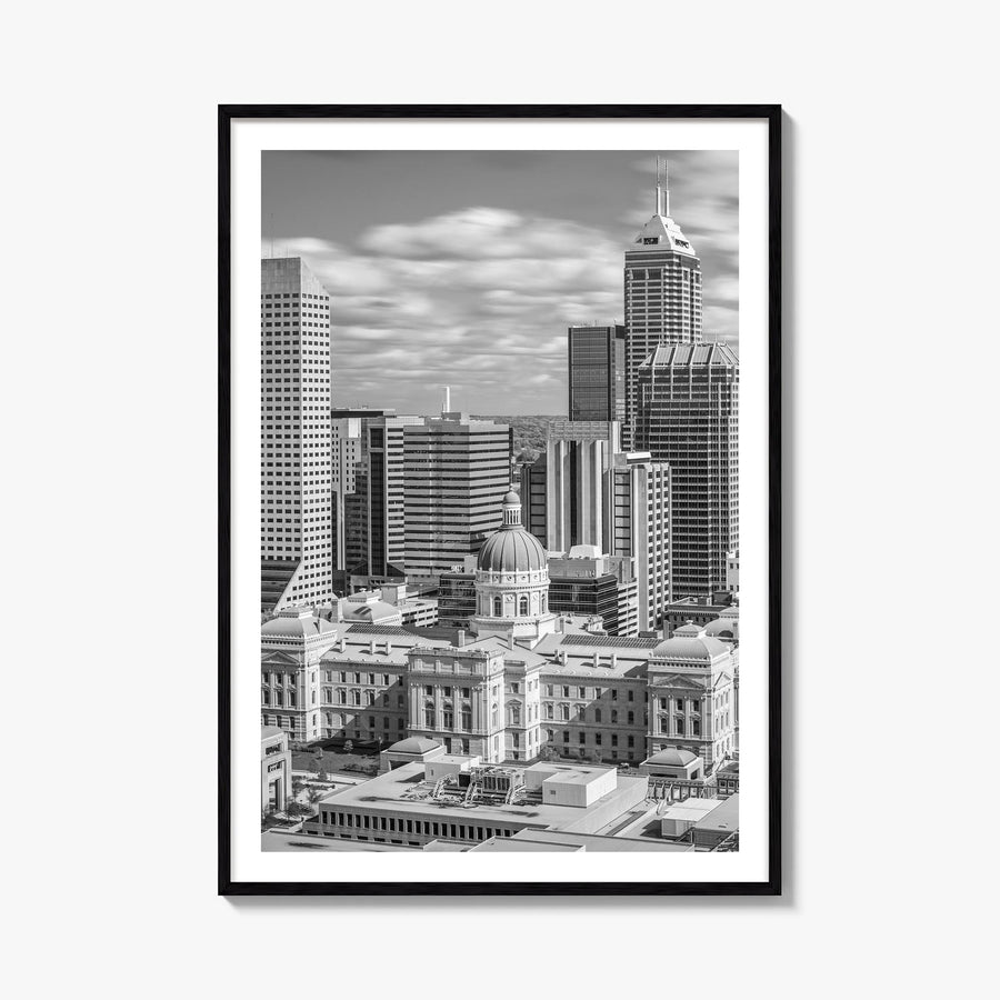 Indianapolis no. 1 black & white photo poster of Indiana, USA – vertical wall art, unframed print shown in interior mockup