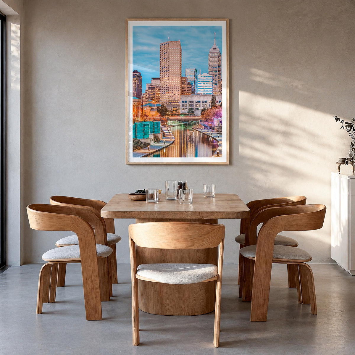 Indianapolis no. 1 colorful photo poster of Indiana, USA – vertical wall art in natural wood frame with white border, hanging