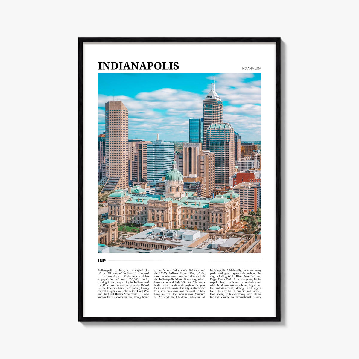 Indianapolis no. 1 colorful travel poster of Indiana, USA – vertical wall art, unframed print shown in interior mockup