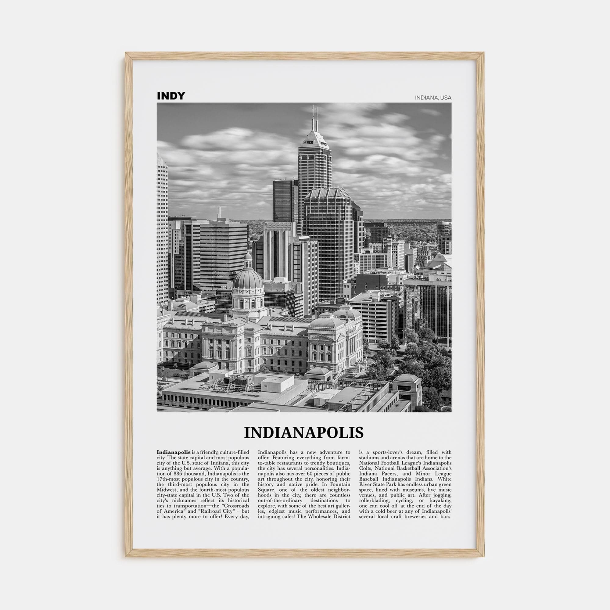 Indianapolis No 1 Poster Natural Wood / 8x12 in Nbourhood Travel B&W Poster