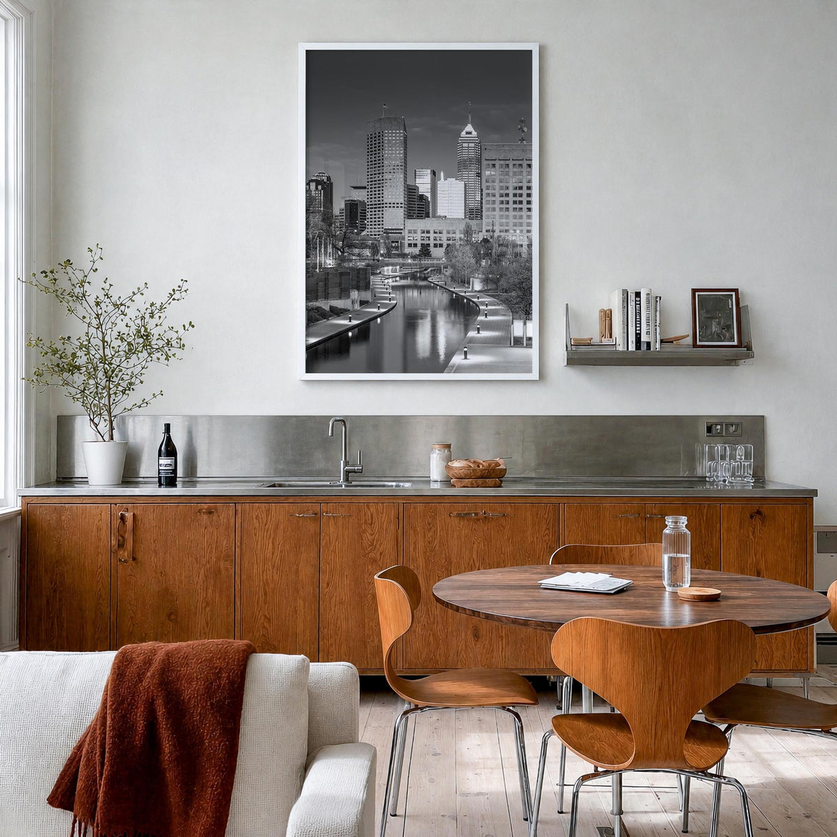 Indianapolis no. 2 black & white photo poster of Indiana, USA – vertical wall art in white wood frame, hanging on wall