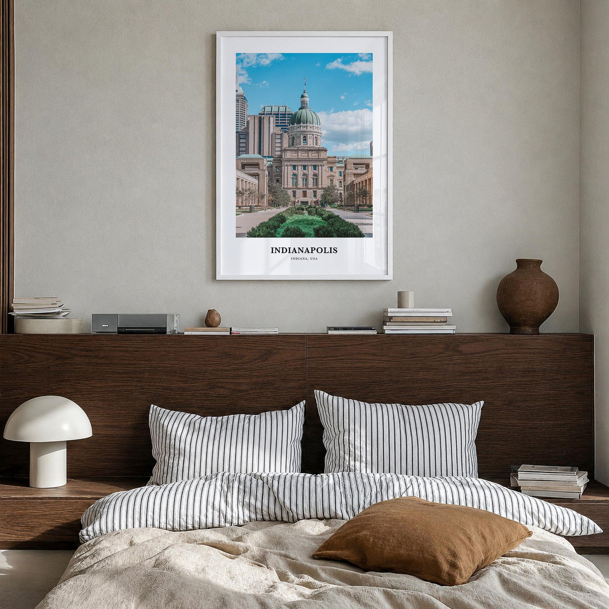 Indianapolis no. 2 colorful classic poster of Indiana, USA – vertical wall art in white wood frame, hanging on wall