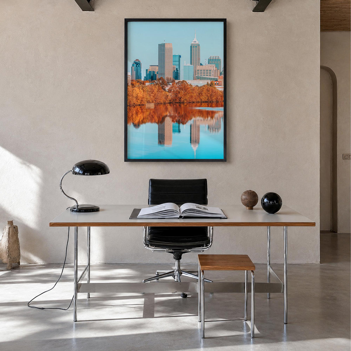 Indianapolis no. 2 colorful photo poster of Indiana, USA – vertical wall art in black wood frame, hanging on wall