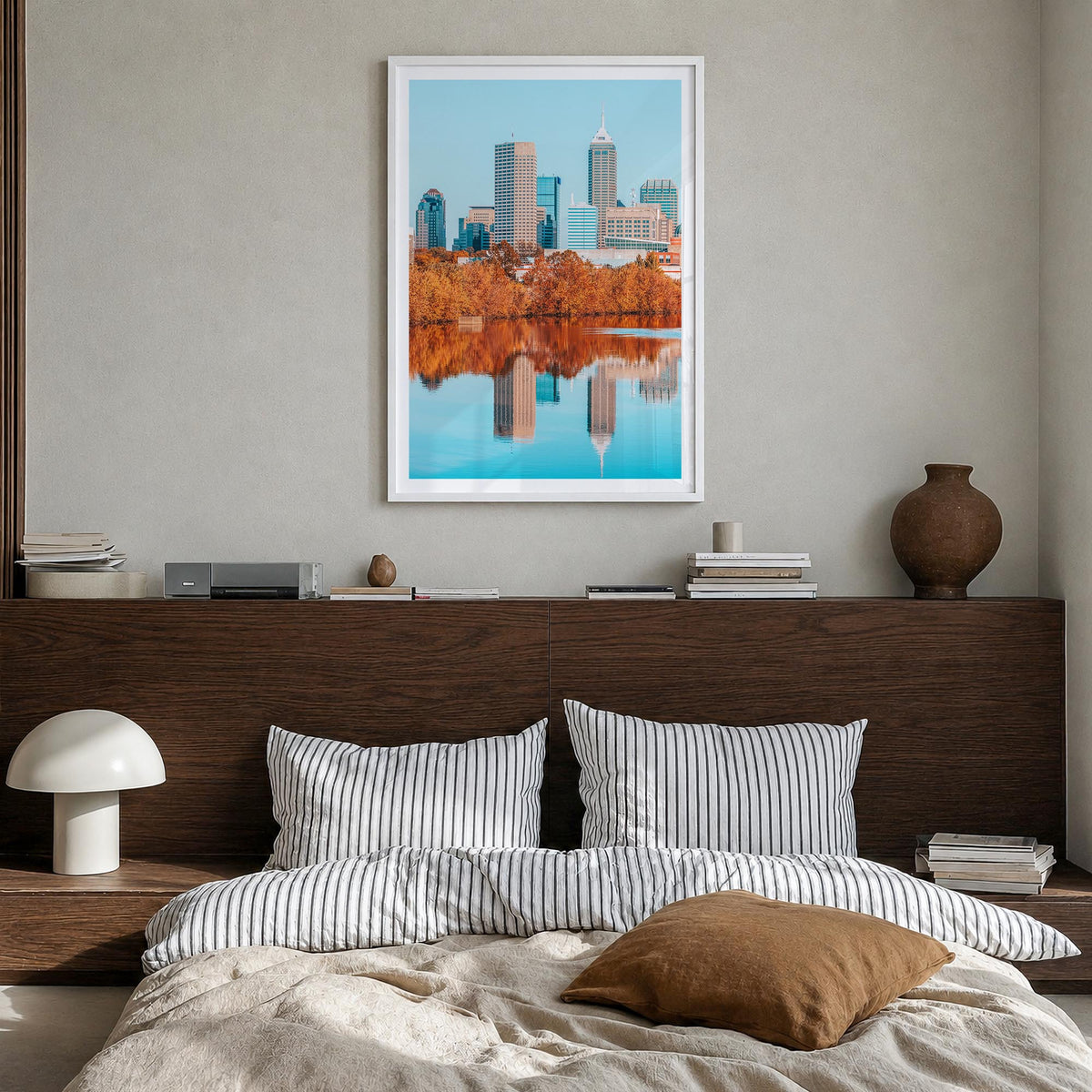 Indianapolis no. 2 colorful photo poster of Indiana, USA – vertical wall art in white wood frame with white border, hanging o