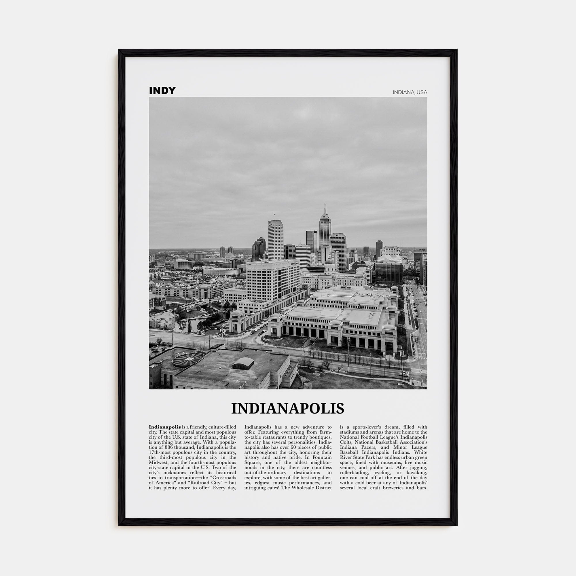 Indianapolis No 2 Poster Black Wood / 8x12 in Nbourhood Travel B&W Poster