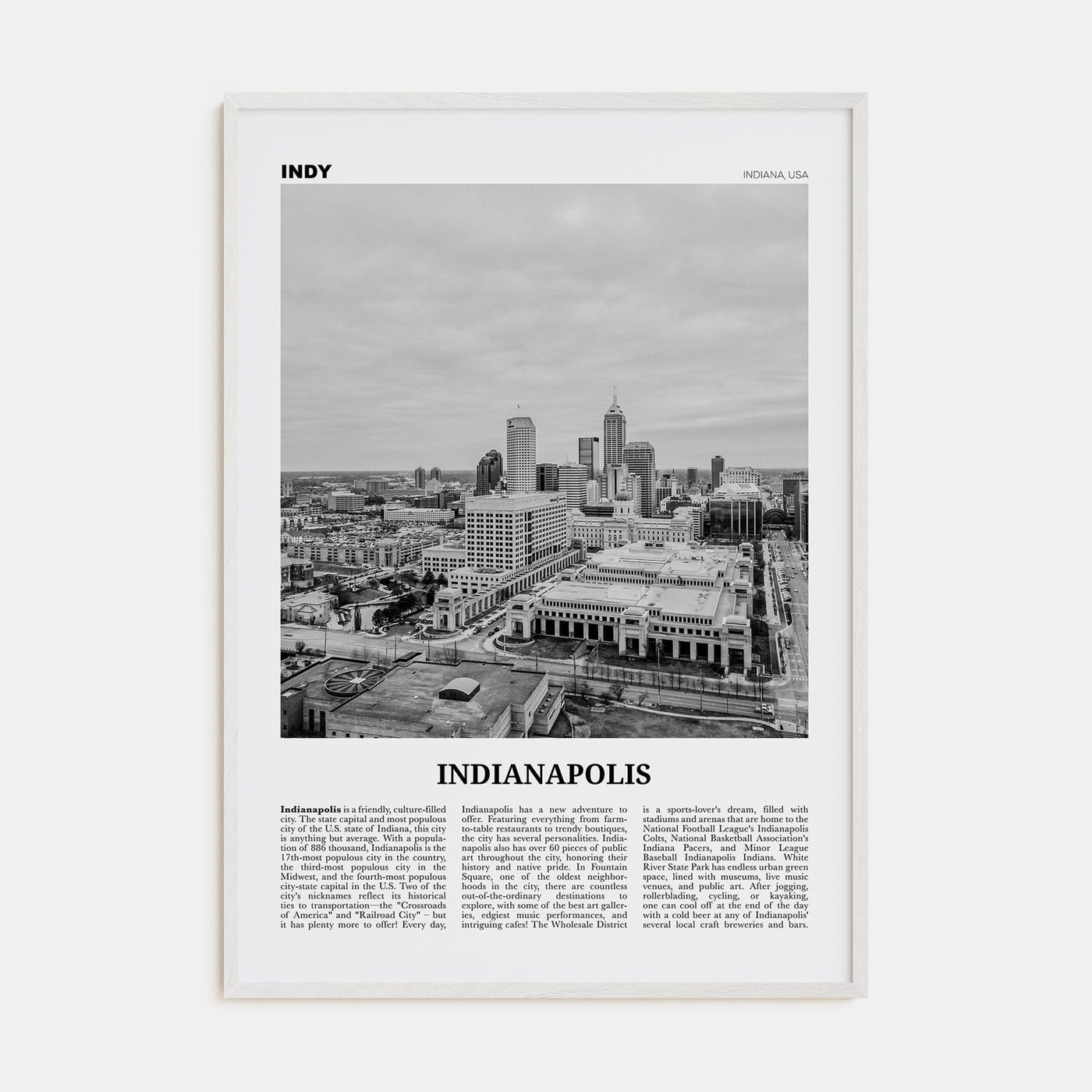 Indianapolis No 2 Poster White Wood / 8x12 in Nbourhood Travel B&W Poster