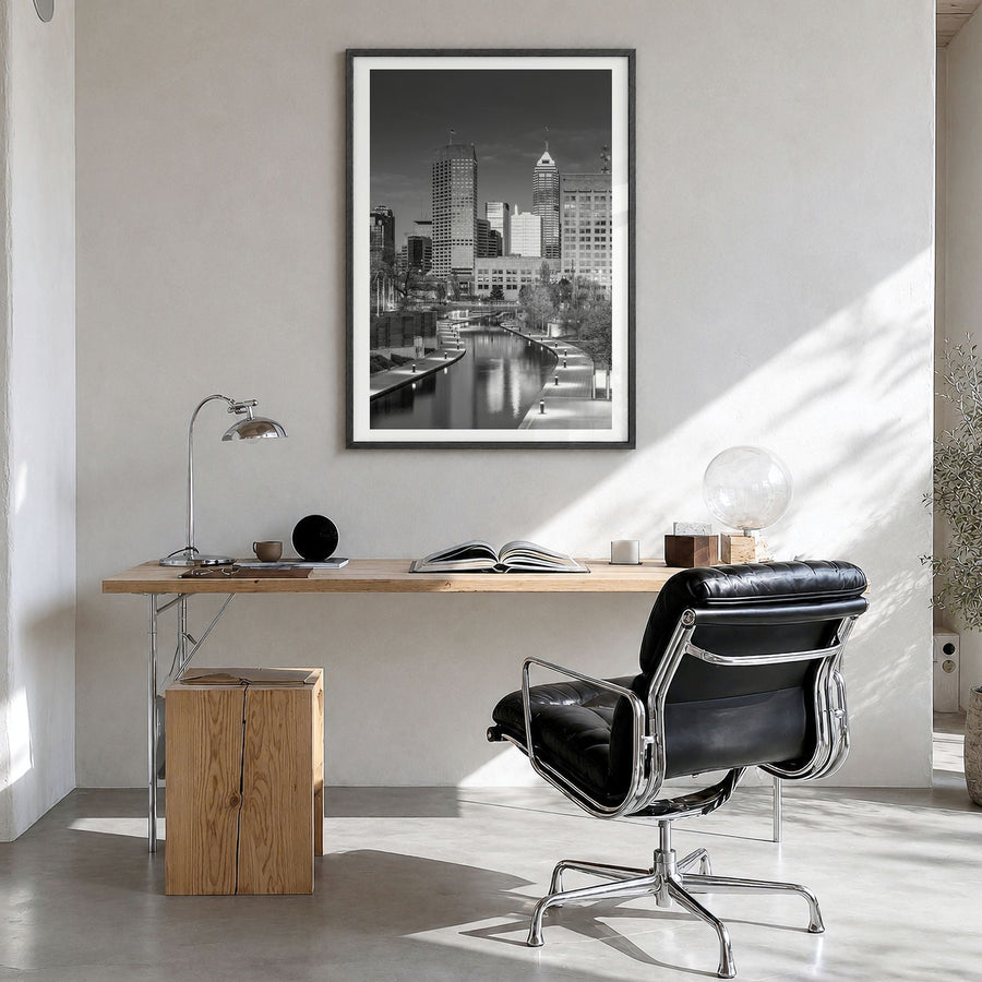 Indianapolis Photo No 2 Poster in a black wood frame, hanging in a bright home office, white border