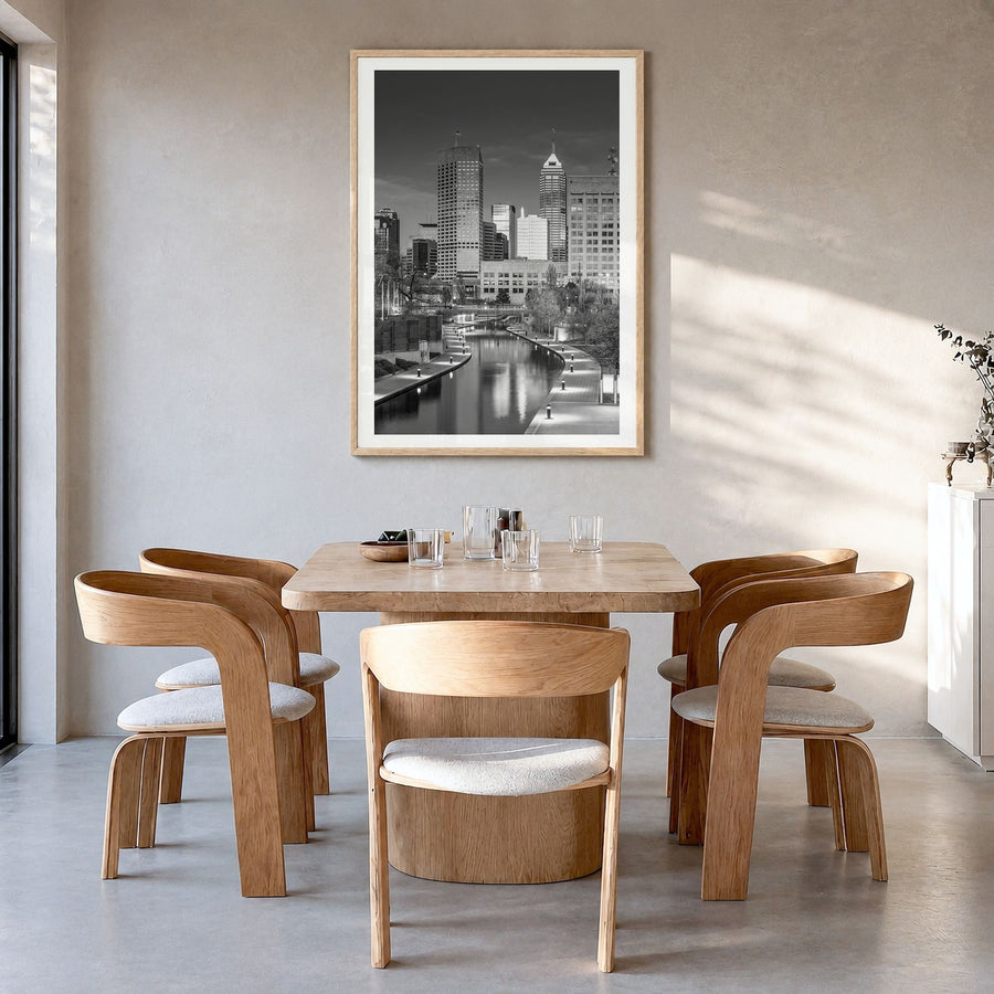 Indianapolis Photo No 2 Poster in a natural wood frame, hanging in a dining room, white border
