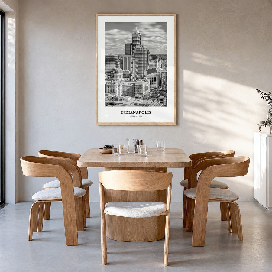 Indianapolis Classic No 1 Poster in a natural wood frame, hanging in a dining room