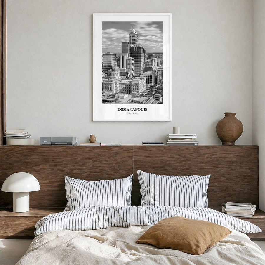 Indianapolis Classic No 1 Poster in a white wood frame, hanging in a bedroom
