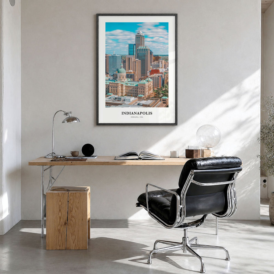 Indianapolis Classic No 1 Poster in a black wood frame, hanging in a bright home office