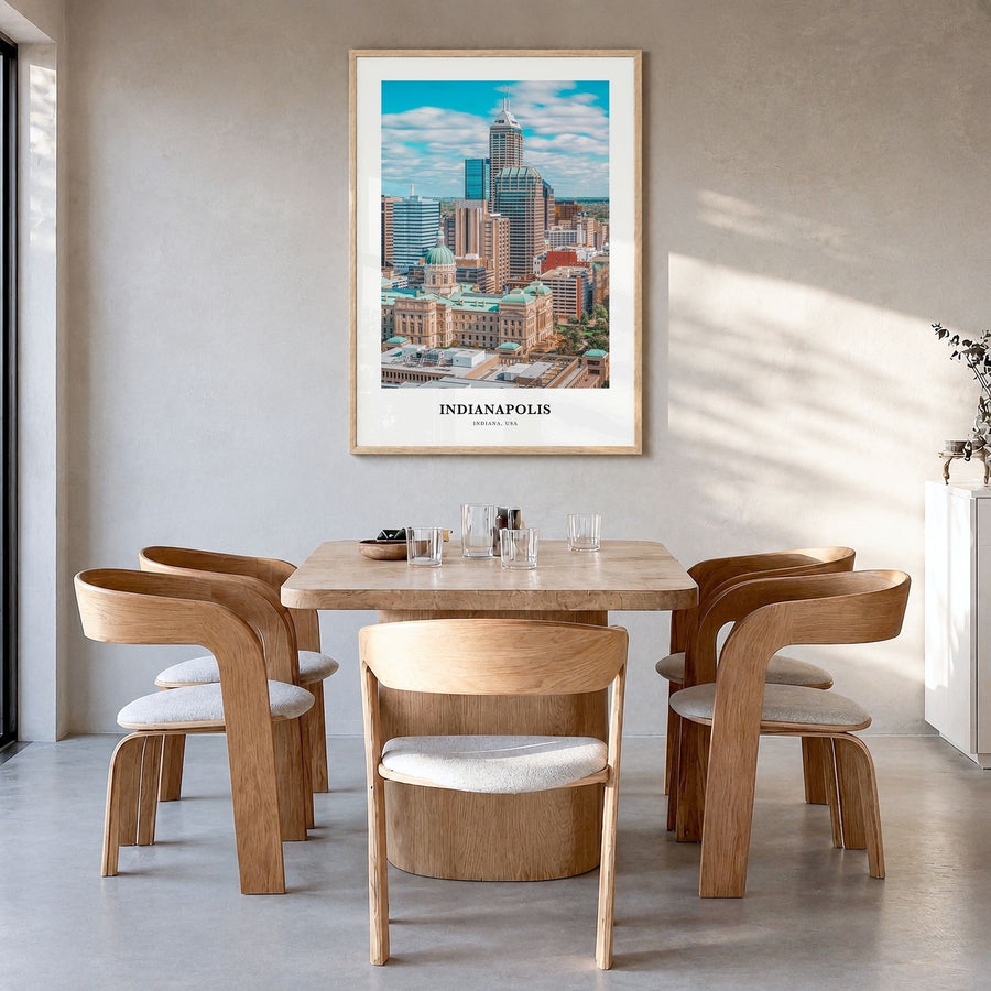 Indianapolis Classic No 1 Poster in a natural wood frame, hanging in a dining room