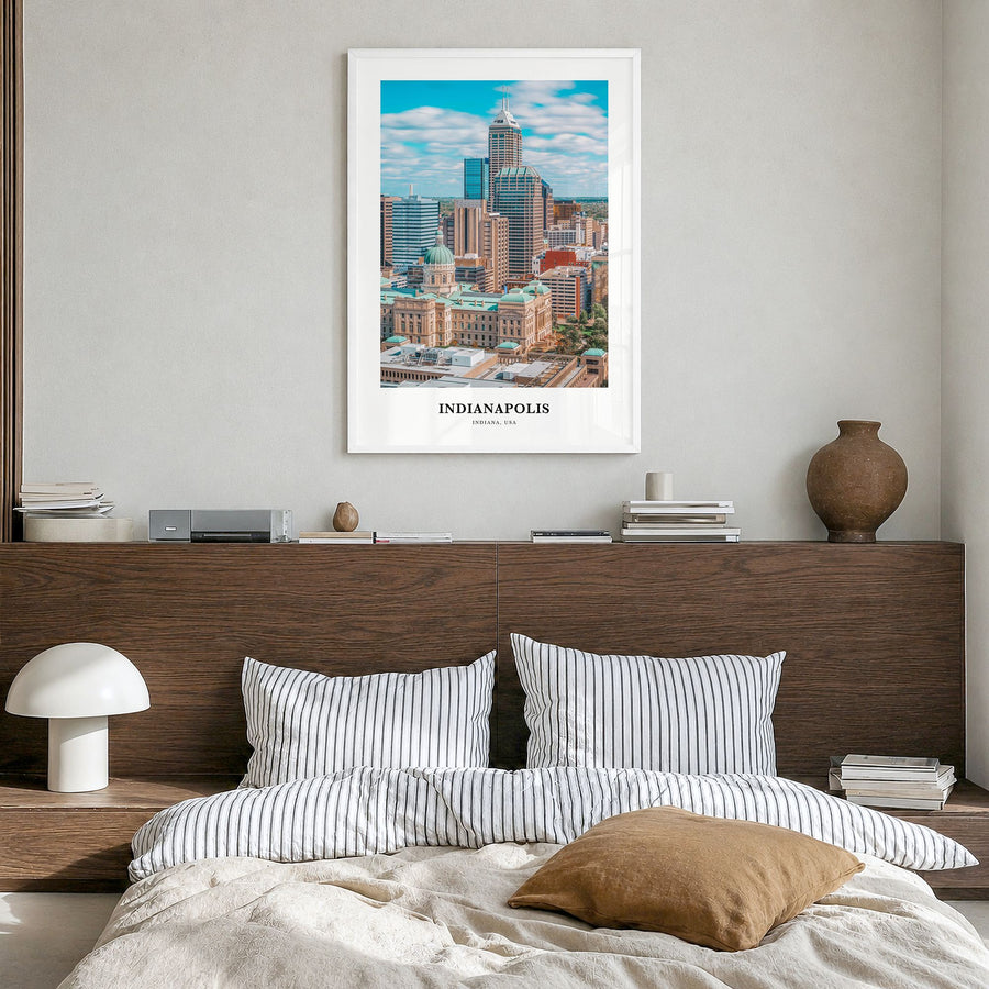 Indianapolis Classic No 1 Poster in a white wood frame, hanging in a bedroom