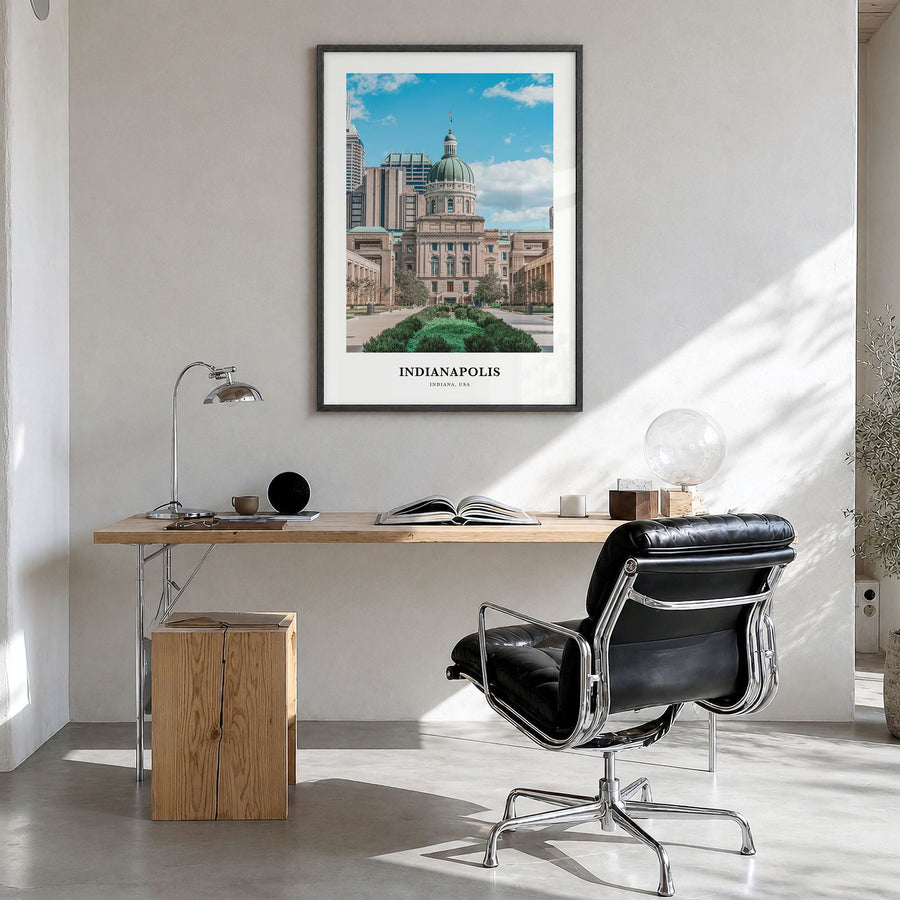 Indianapolis Classic No 2 Poster in a black wood frame, hanging in a bright home office