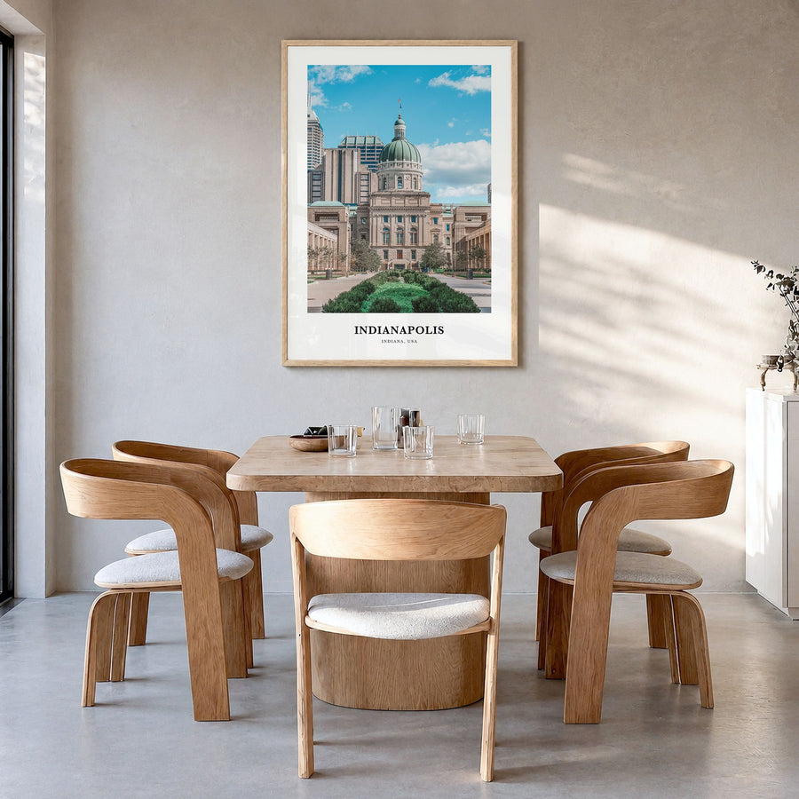 Indianapolis Classic No 2 Poster in a natural wood frame, hanging in a dining room