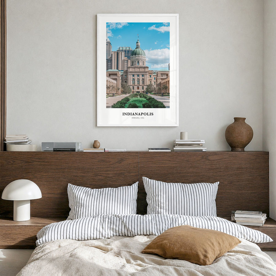 Indianapolis Classic No 2 Poster in a white wood frame, hanging in a bedroom