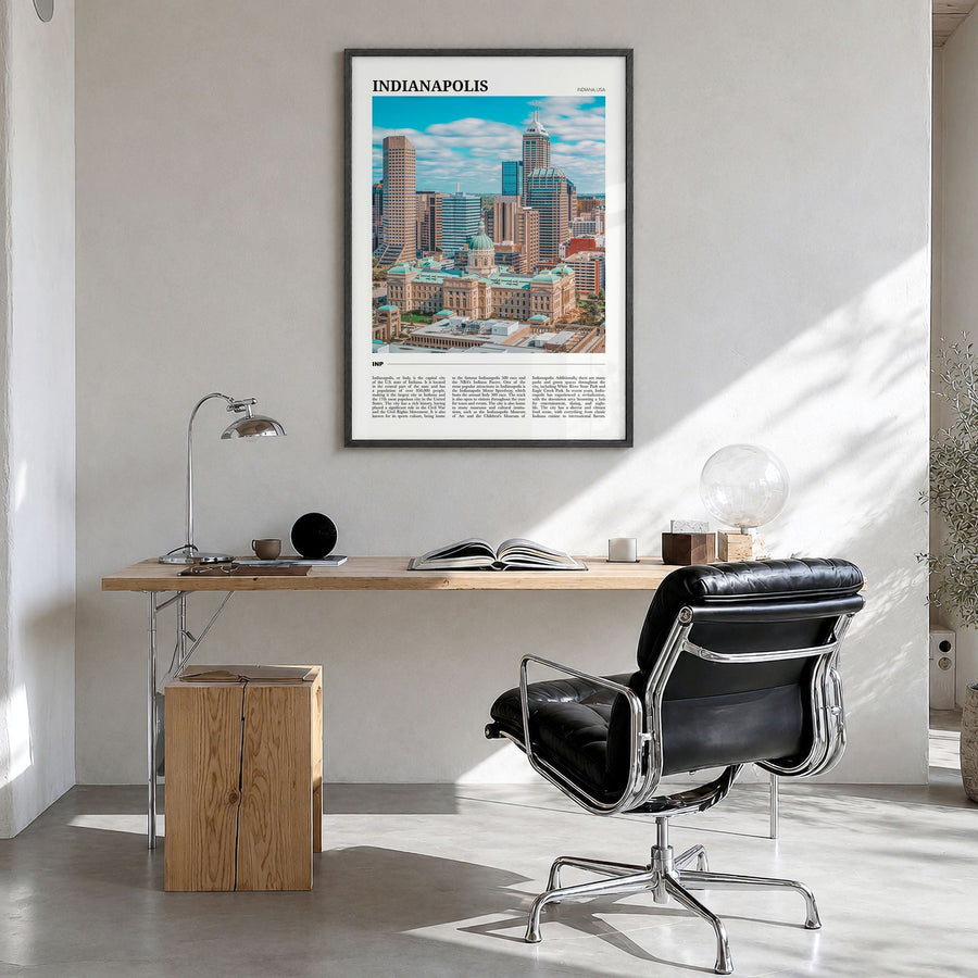 Indianapolis Travel No 1 Poster in a black wood frame, hanging in a bright home office