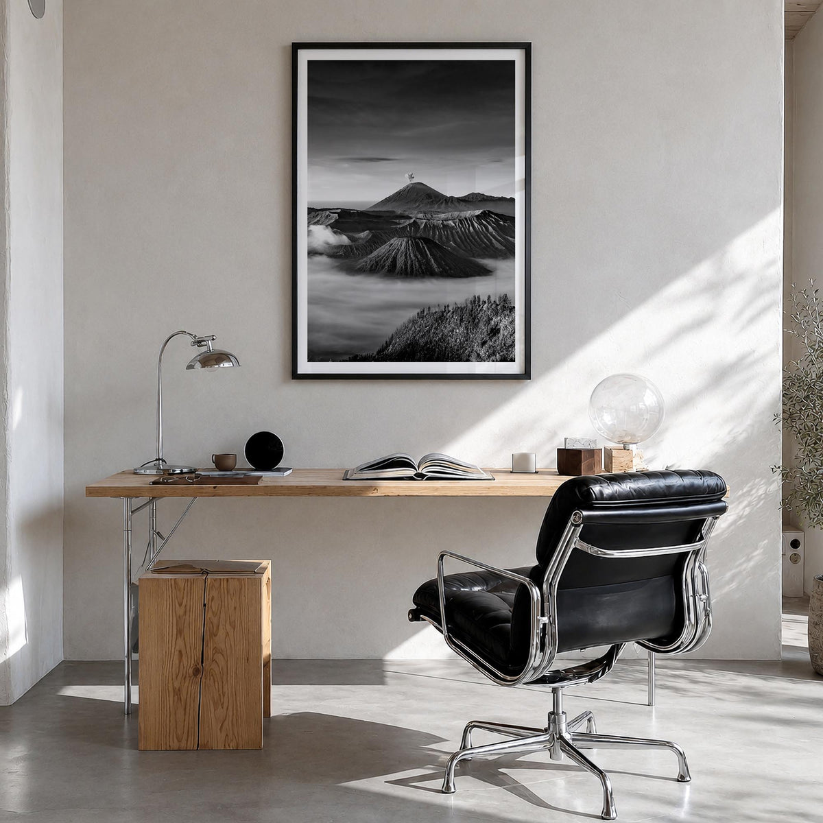 Indonesia black & white photo poster of Asia – vertical wall art in black wood frame with white border, hanging on wall