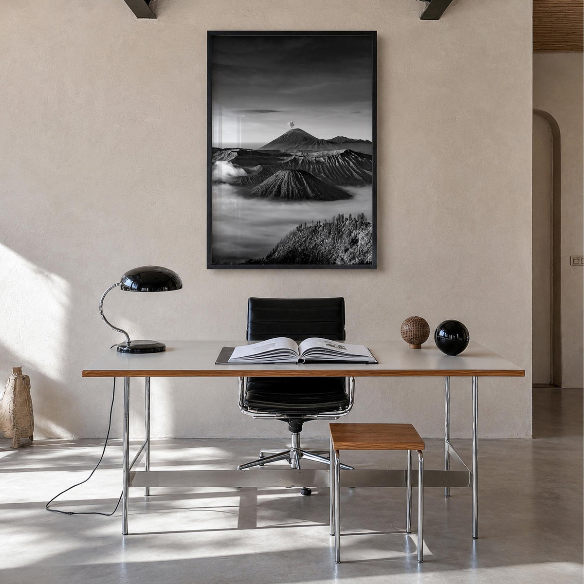 Indonesia black & white photo poster of Asia – vertical wall art in black wood frame, hanging on wall