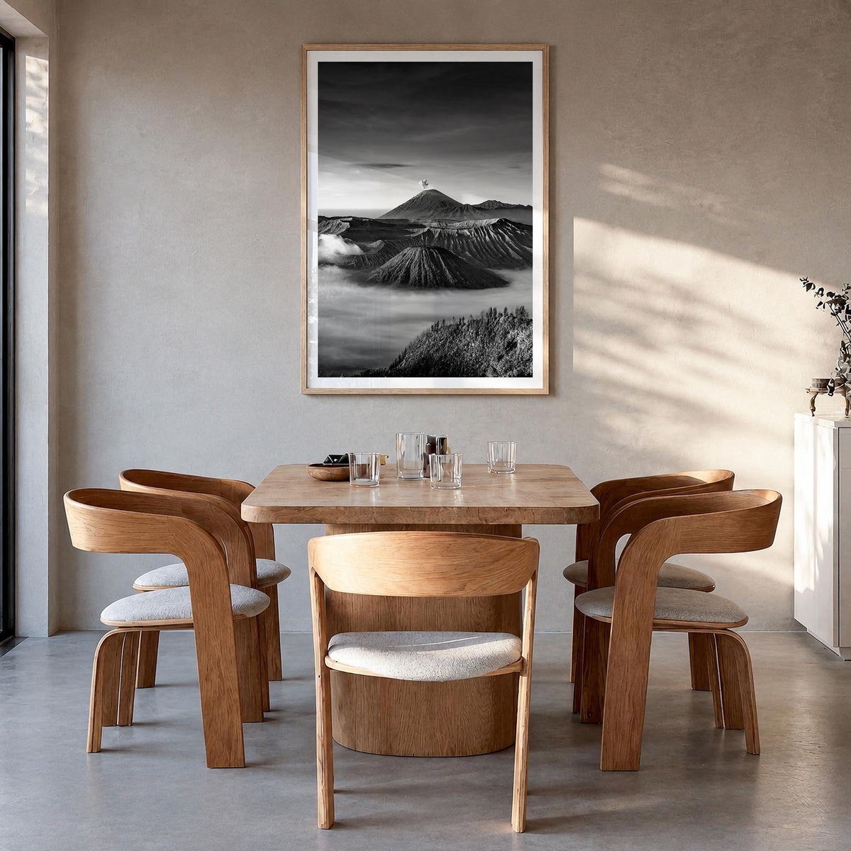 Indonesia black & white photo poster of Asia – vertical wall art in natural wood frame with white border, hanging on wall