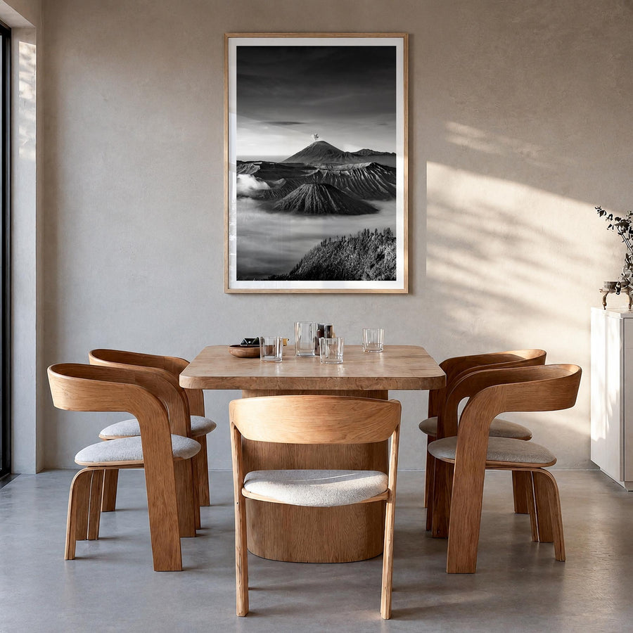 Indonesia black & white photo poster of Asia – vertical wall art in natural wood frame with white border, hanging on wall