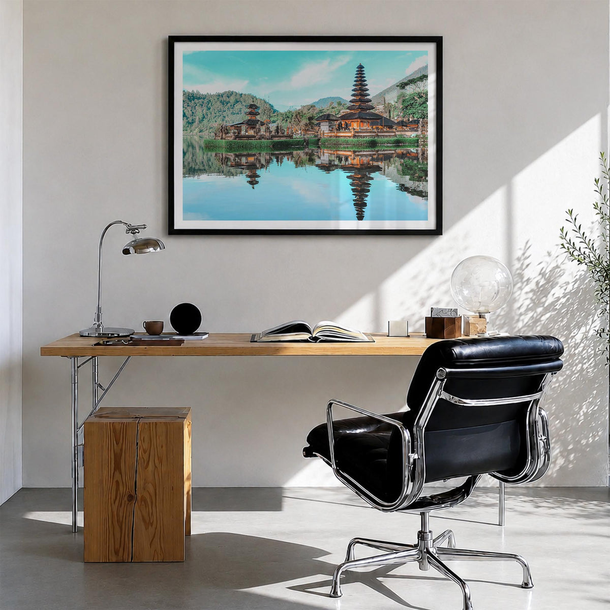 Indonesia colorful photo poster of Asia – horizontal wall art in black wood frame with white border, hanging on wall