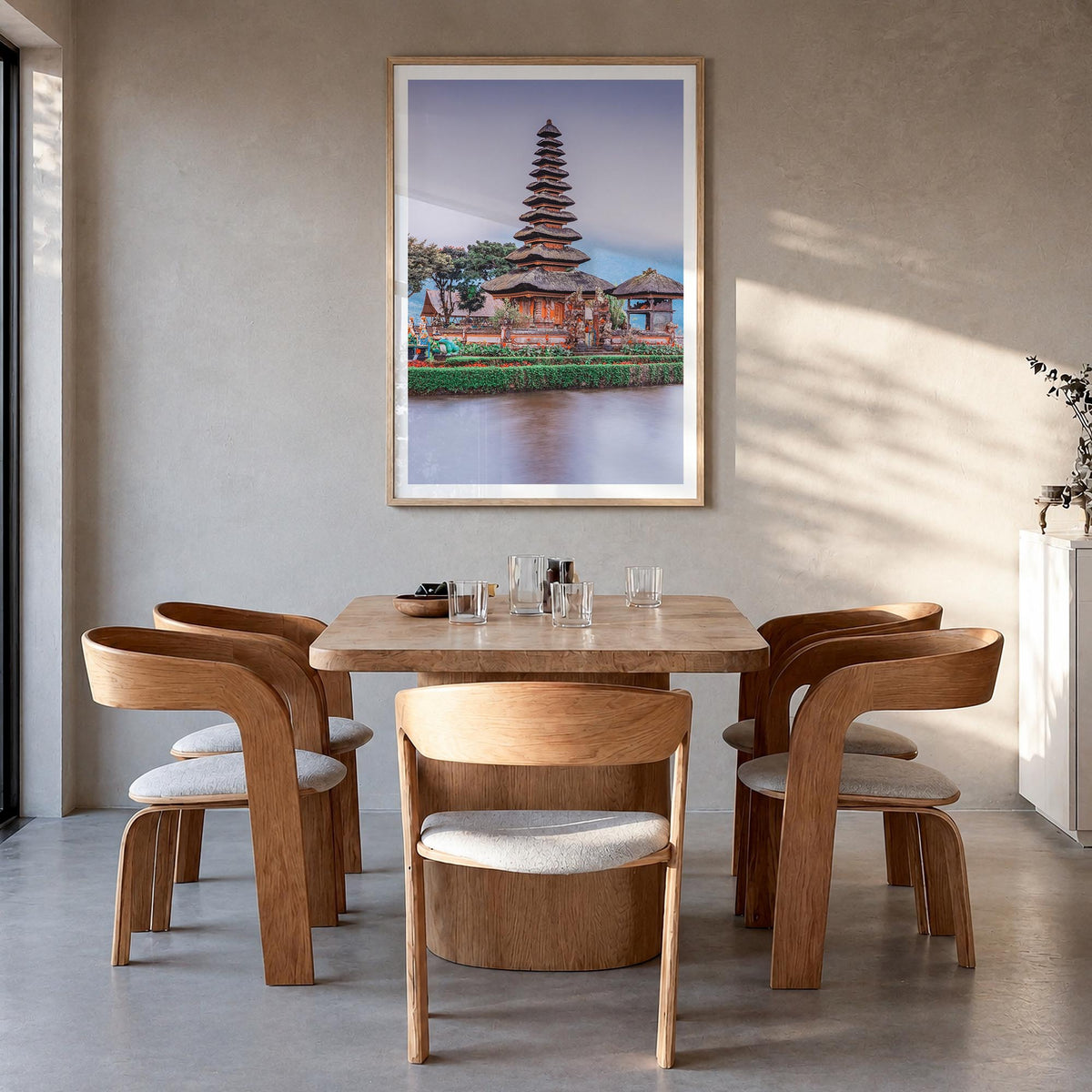 Indonesia colorful photo poster of Asia – vertical wall art in natural wood frame with white border, hanging on wall