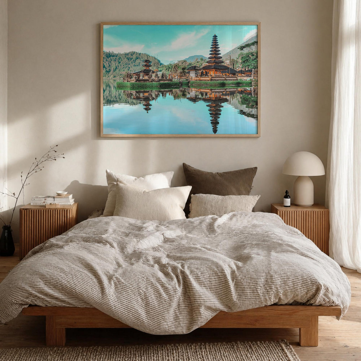 Indonesia colorful photo poster of Asia – horizontal wall art in natural wood frame, hanging on wall