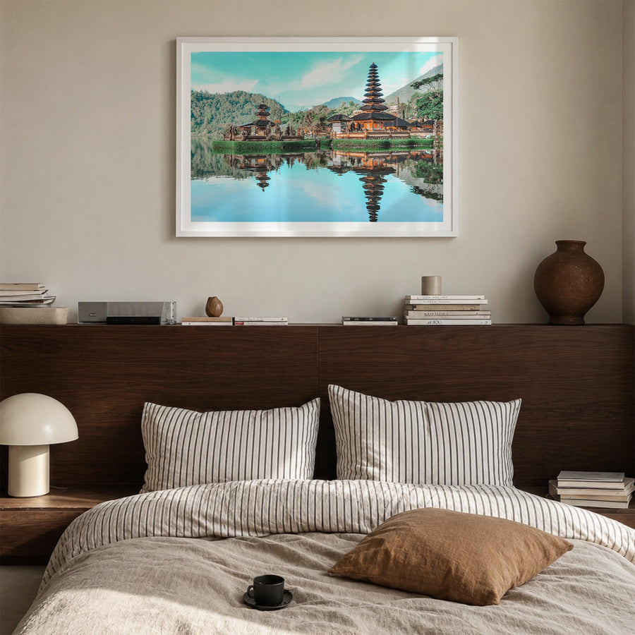 Indonesia colorful photo poster of Asia – horizontal wall art in white wood frame with white border, hanging on wall