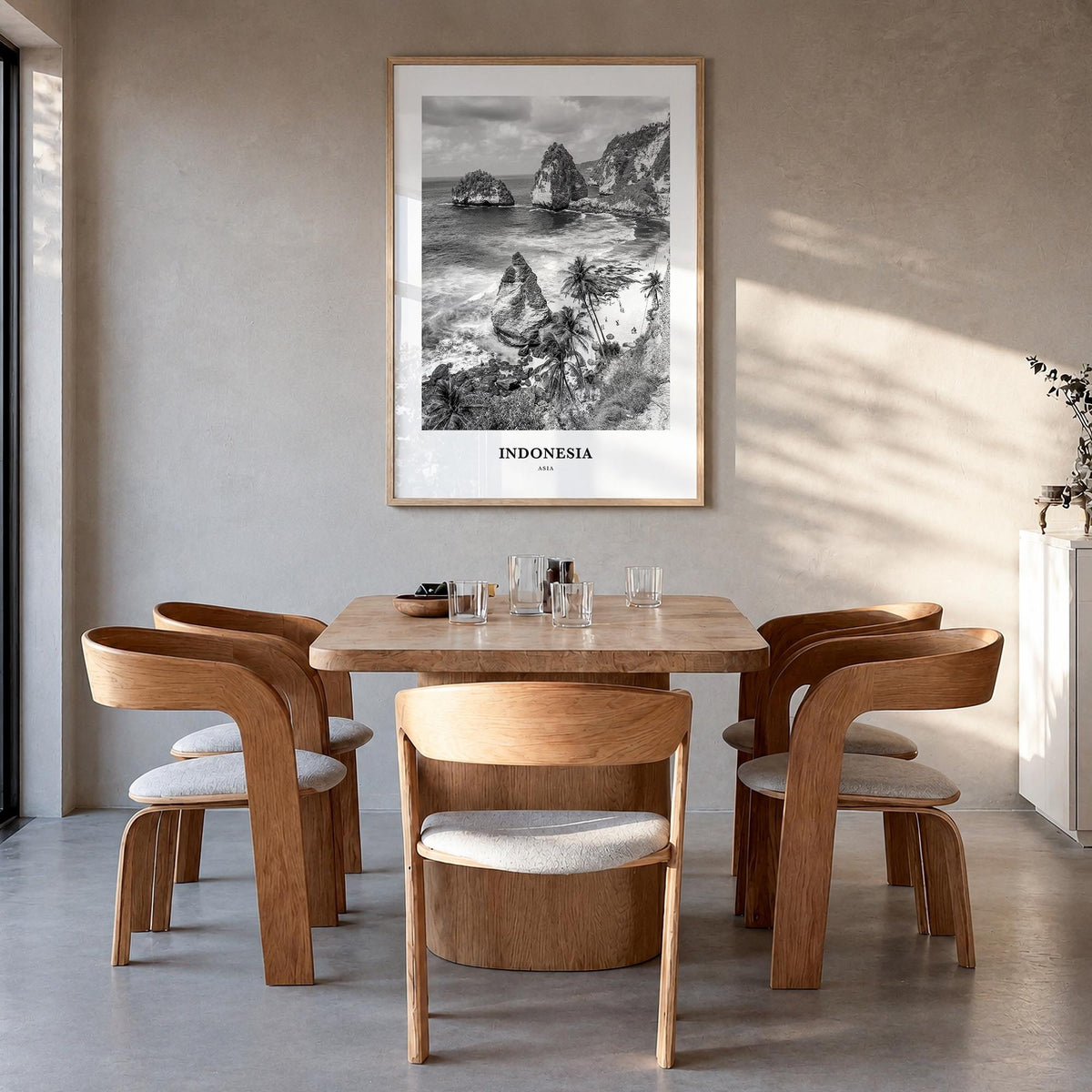 Indonesia no. 1 black & white classic poster of Asia – vertical wall art in natural wood frame, hanging on wall