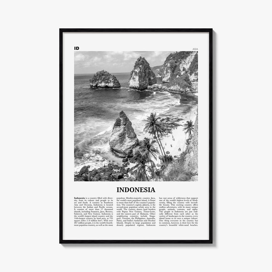 Indonesia no. 2 black & white newspaper poster of Asia – vertical wall art, unframed print shown in interior mockup