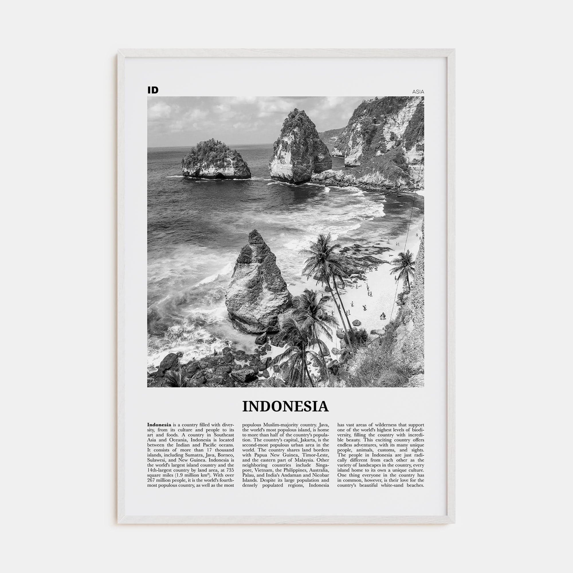 Indonesia No 2 Poster White Wood / 8x12 in Nbourhood Travel B&W Poster