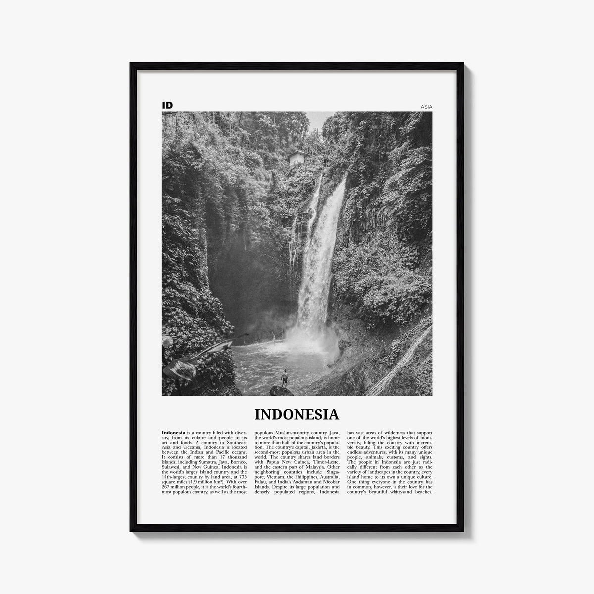 Indonesia no. 3 black & white newspaper poster of Asia – vertical wall art, unframed print shown in interior mockup