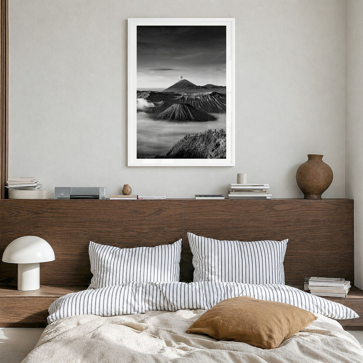 Indonesia Photo Poster in a white wood frame, hanging in a bedroom, white border