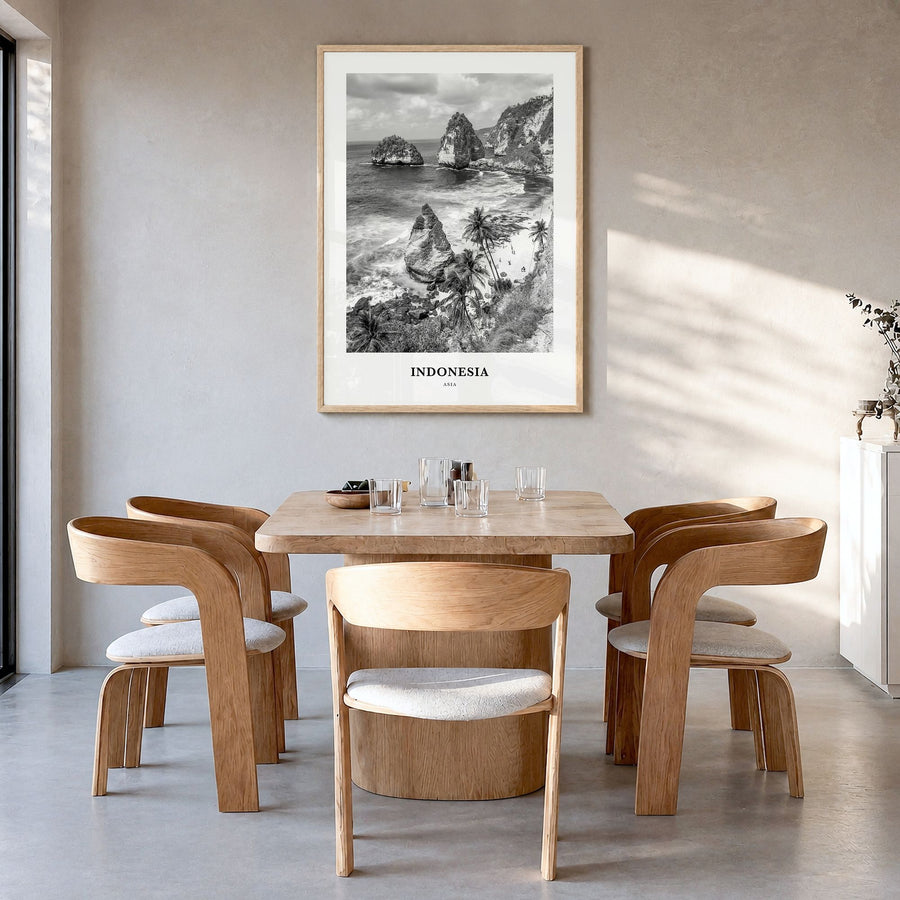 Indonesia Classic No 1 Poster in a natural wood frame, hanging in a dining room