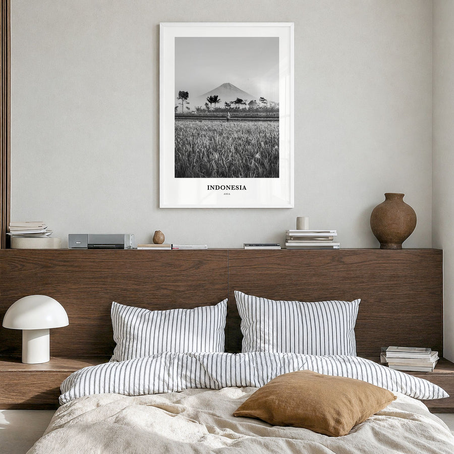 Indonesia Classic No 2 Poster in a white wood frame, hanging in a bedroom