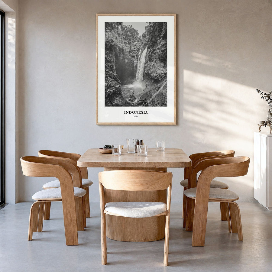 Indonesia Classic No 3 Poster in a natural wood frame, hanging in a dining room