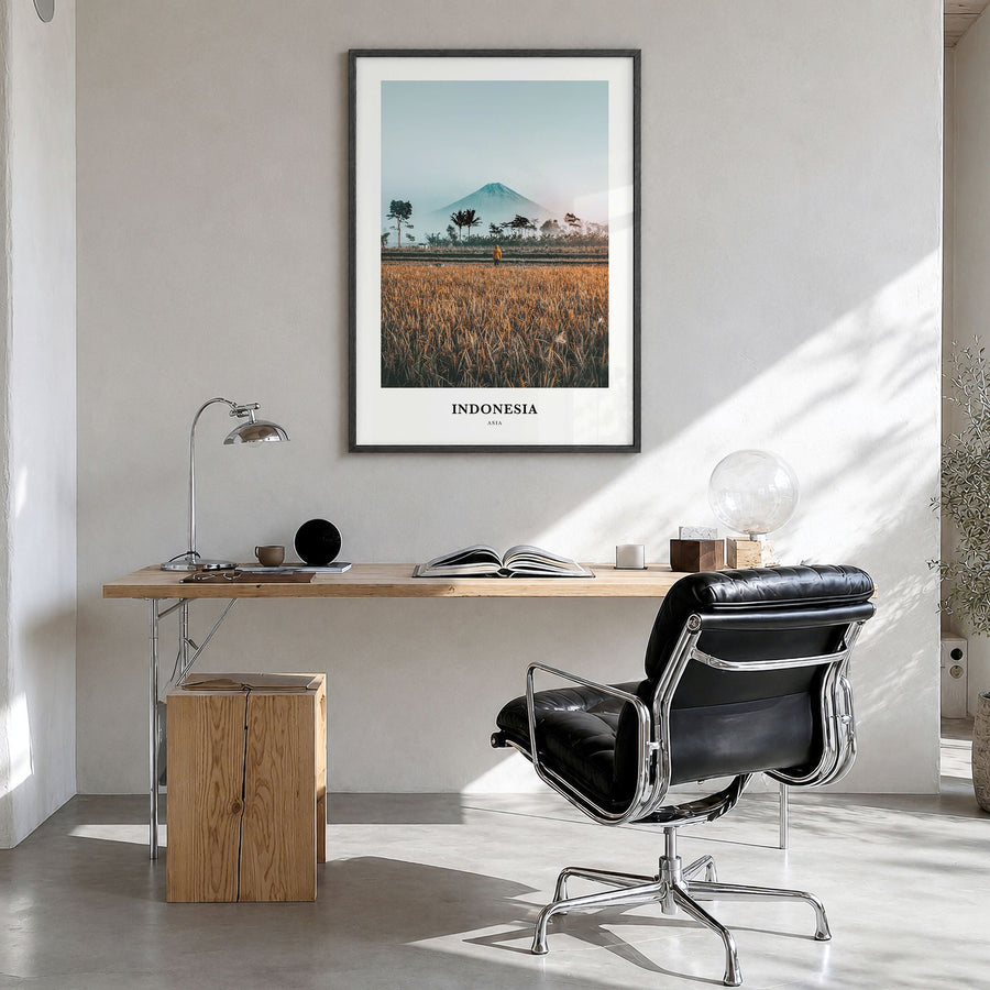 Indonesia Classic Poster in a black wood frame, hanging in a bright home office