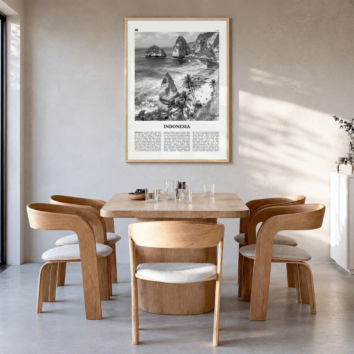 Indonesia Newspaper No 2 Poster in a natural wood frame, hanging in a dining room