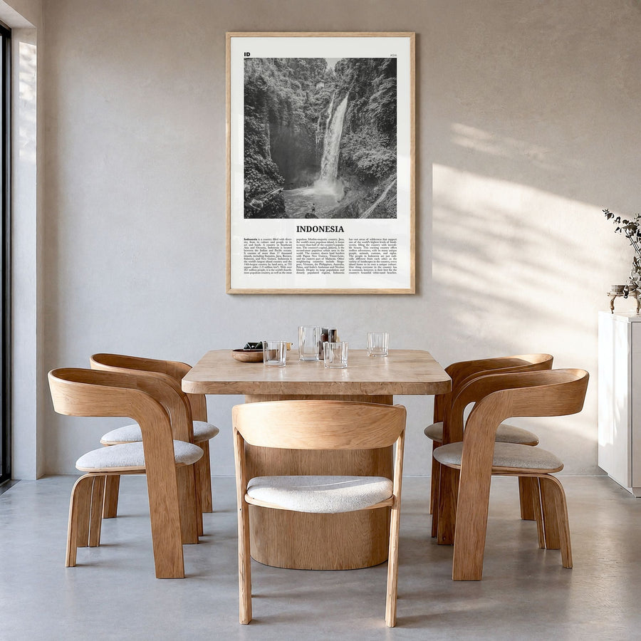 Indonesia Newspaper No 3 Poster in a natural wood frame, hanging in a dining room