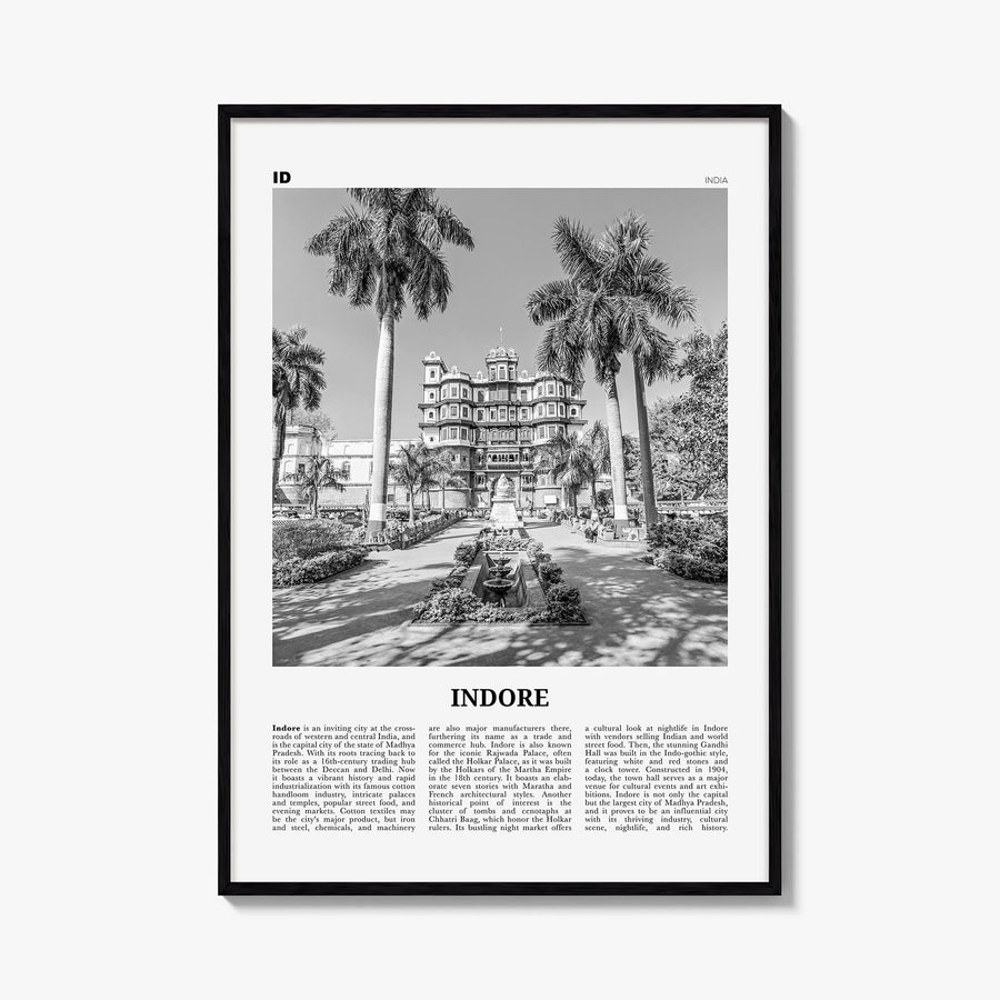 Indore black & white newspaper poster of India – vertical wall art, unframed print shown in interior mockup