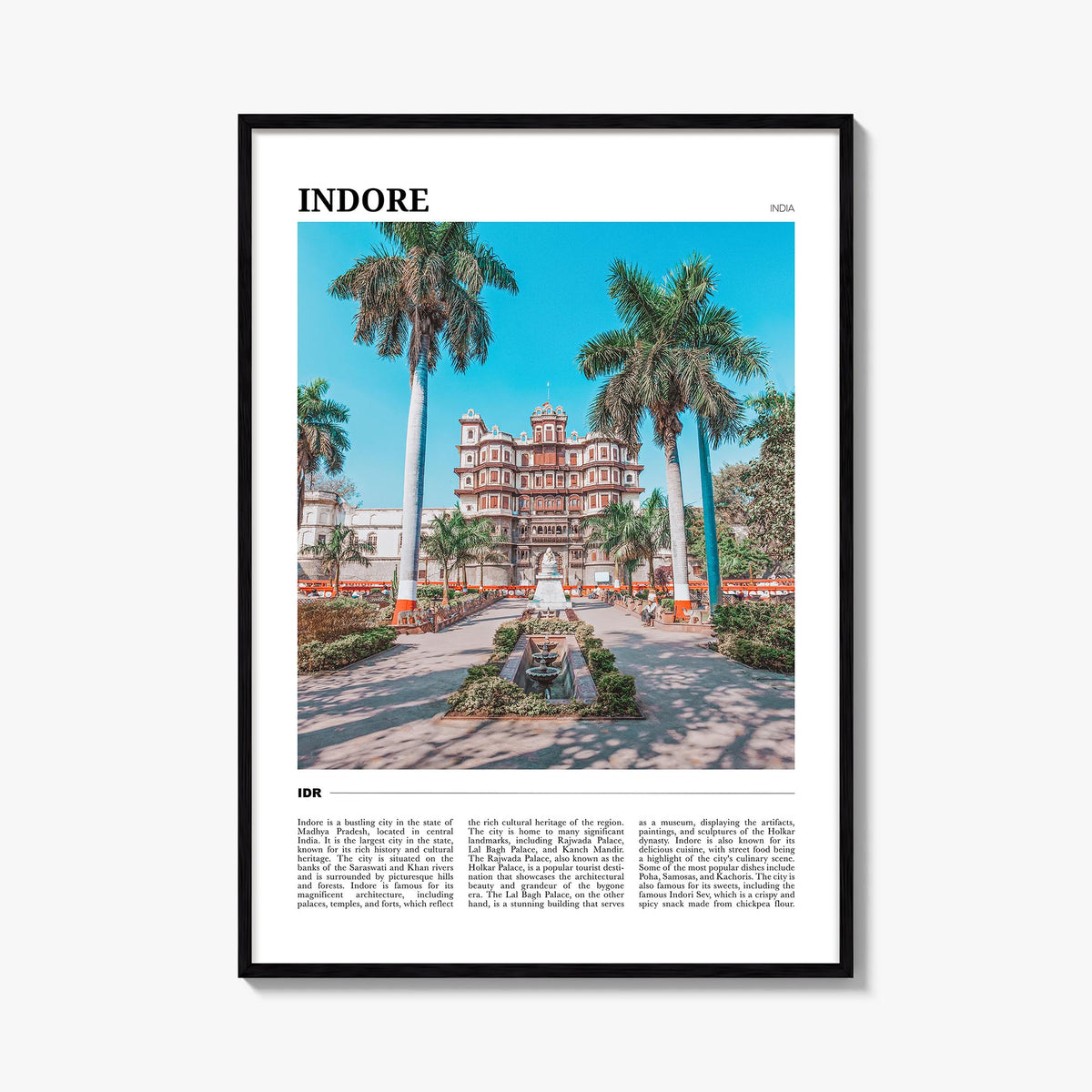 Indore colorful travel poster of India – vertical wall art, unframed print shown in interior mockup