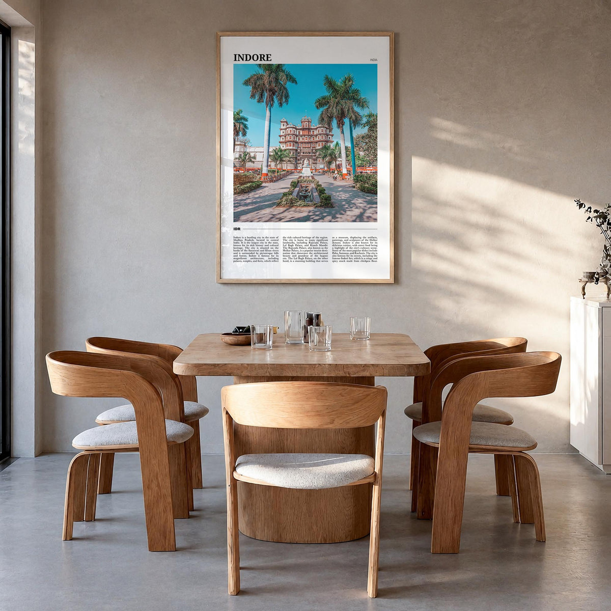 Indore colorful travel poster of India – vertical wall art in natural wood frame, hanging on wall